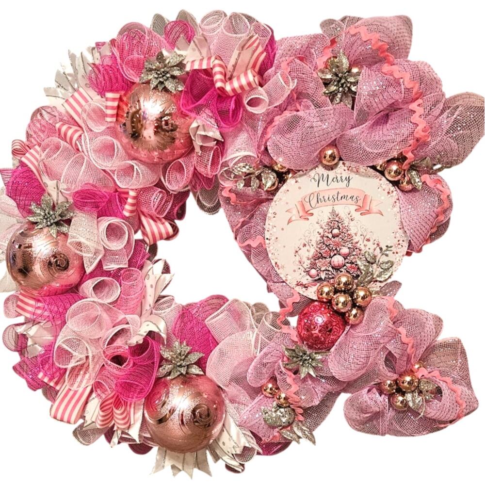 Pink & Silver Christmas Wreath Breast Cancer Awareness Handmade New Large 27x25
